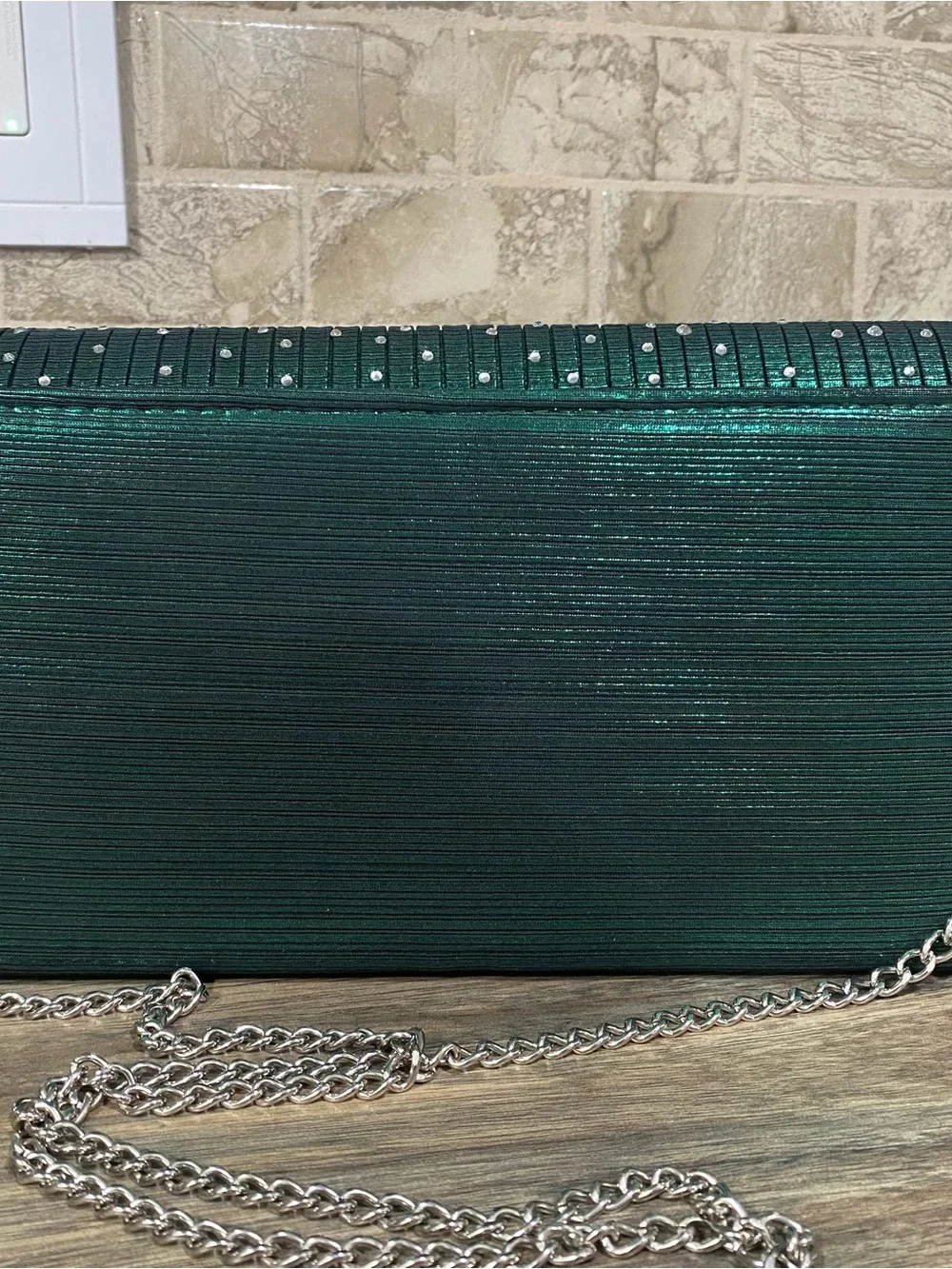 Dasein Emerald Green Rhinestone Envelope Clutch with Silver Chain